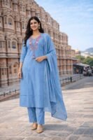 Elegant Sky Blue Embroidered Kurta Set with Dupatta